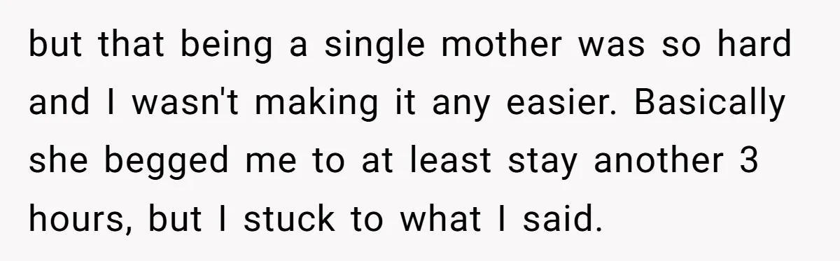 but that being a single mother was so hard and I wasn't making it any easier. Basically she begged me to at least stay another 3 hours, but I stuck...