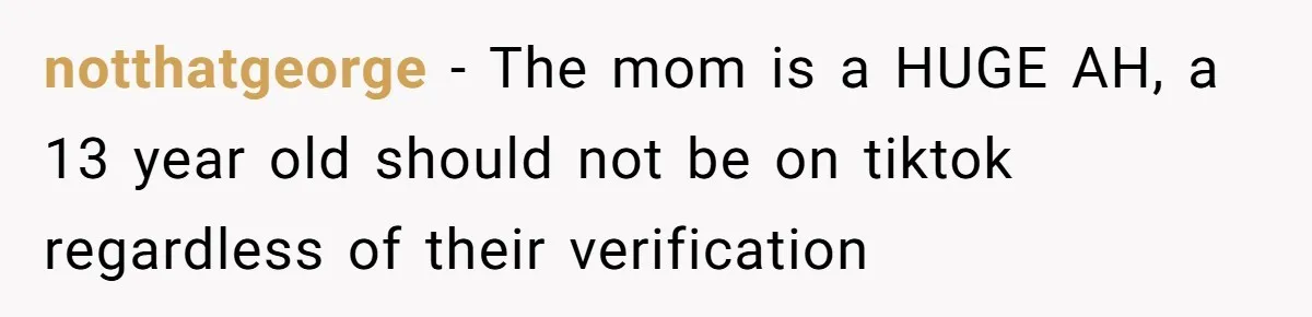 notthatgeorge − The mom is a HUGE AH, a 13 year old should not be on tiktok regardless of their verification