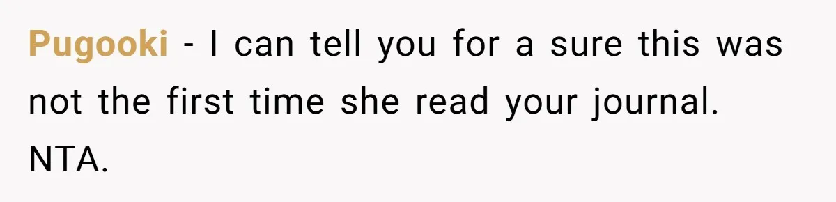 Pugooki - I can tell you for a sure this was not the first time she read your journal. NTA.