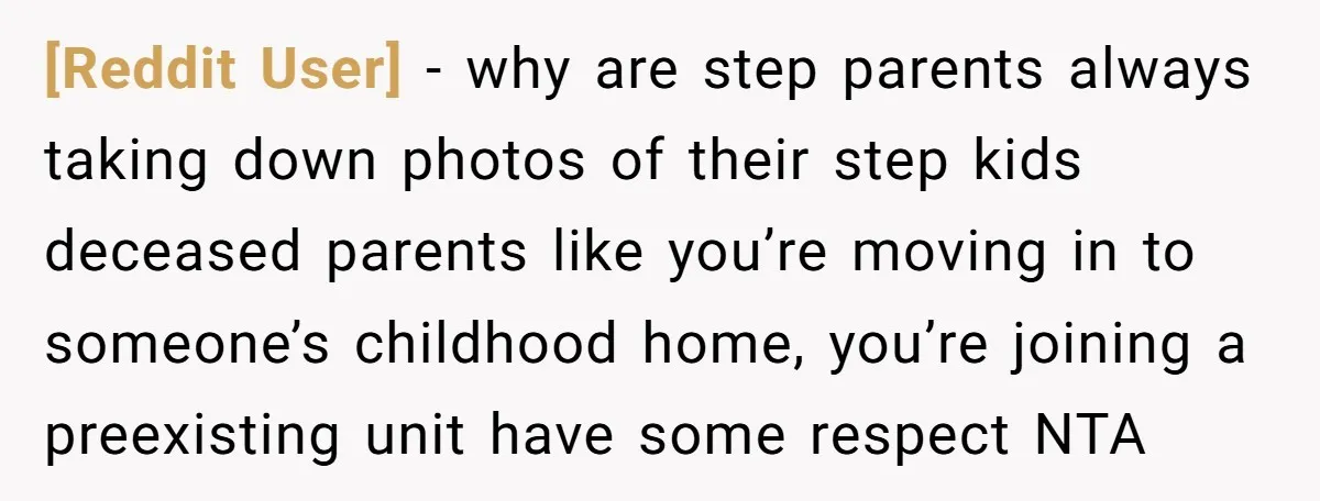 [Reddit User] - why are step parents always taking down photos of their step kids deceased parents like you’re moving in to someone’s childhood home, you’re joining a preexisting unit...