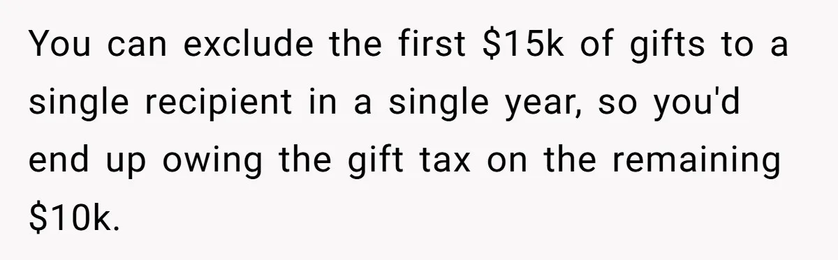 You can exclude the first $15k of gifts to a single recipient in a single year, so you'd end up owing the gift tax on the remaining $10k.