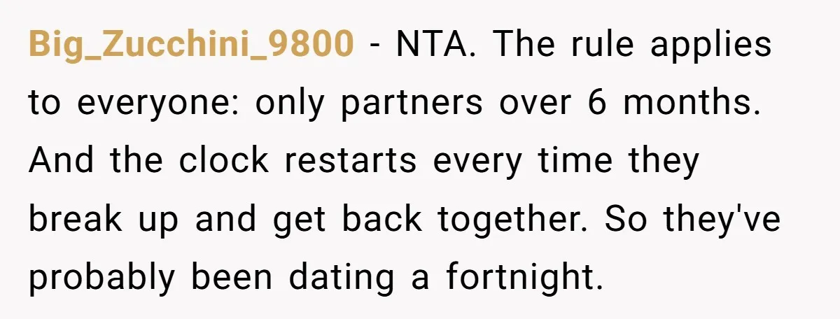 Big_Zucchini_9800 − NTA. The rule applies to everyone: only partners over 6 months. And the clock restarts every time they break up and get back together. So they've probably been...
