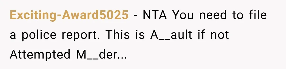 Exciting-Award5025 − NTA You need to file a police report. This is A__ault if not Attempted M__der...