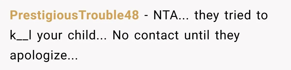 PrestigiousTrouble48 − NTA... they tried to k__l your child... No contact until they apologize...