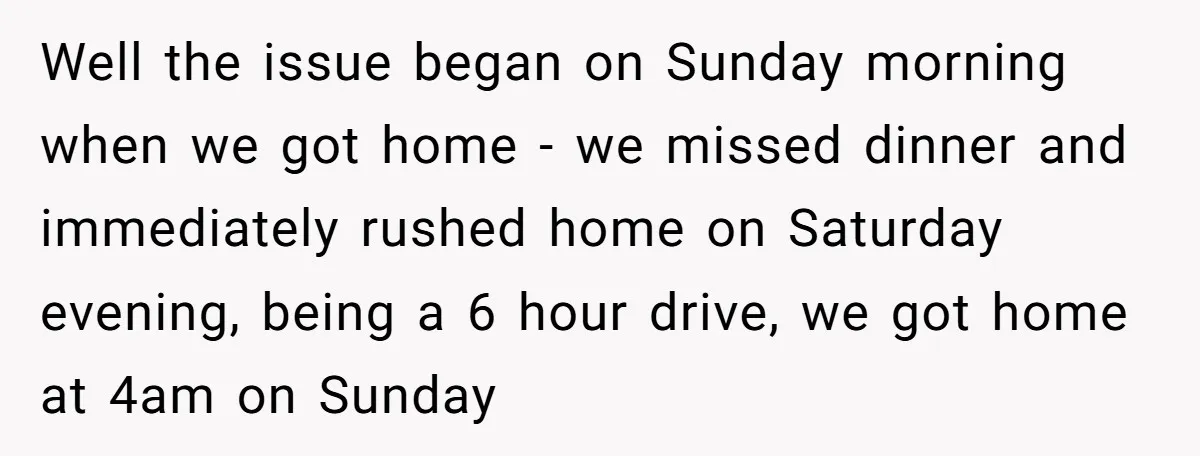 Well the issue began on Sunday morning when we got home - we missed dinner and immediately rushed home on Saturday evening, being a 6 hour drive, we got home...
