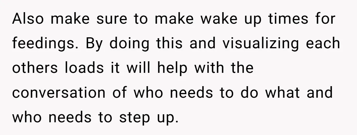 Also make sure to make wake up times for feedings. By doing this and visualizing each others loads it will help with the conversation of who needs to do what...