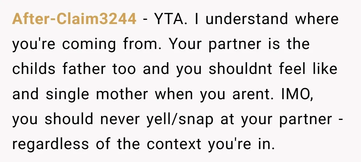 After-Claim3244 - YTA. I understand where you're coming from. Your partner is the childs father too and you shouldnt feel like and single mother when you arent. IMO, you should...