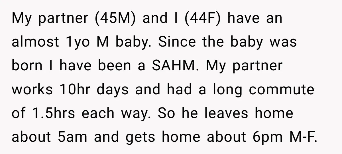 My partner (45M) and I (44F) have an almost 1yo M baby. Since the baby was born I have been a SAHM. My partner works 10hr days and had a...