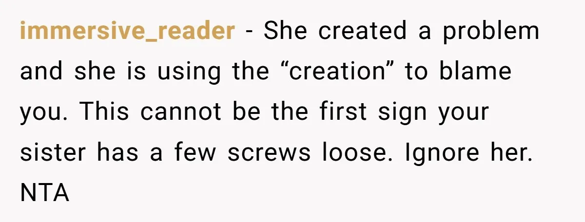 immersive_reader − She created a problem and she is using the “creation” to blame you. This cannot be the first sign your sister has a few screws loose. Ignore her....