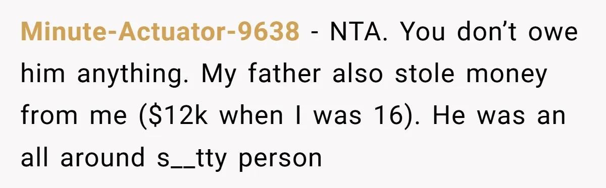 Minute-Actuator-9638 − NTA. You don’t owe him anything. My father also stole money from me ($12k when I was 16). He was an all around s__tty person