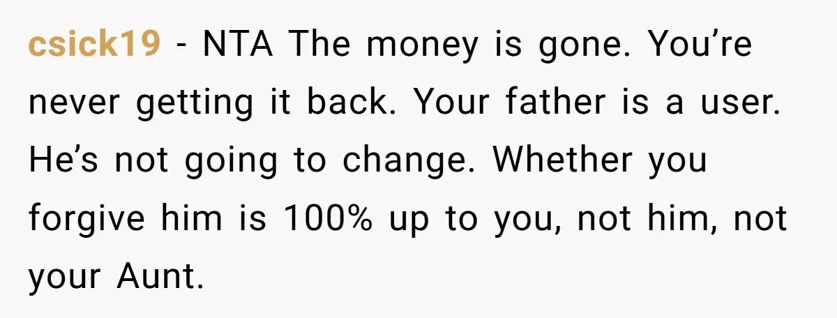 csick19 − NTA The money is gone. You’re never getting it back. Your father is a user. He’s not going to change. Whether you forgive him is 100% up to...