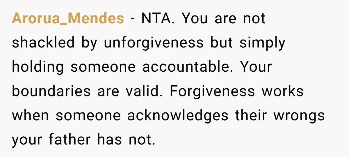 Arorua_Mendes − NTA. You are not shackled by unforgiveness but simply holding someone accountable. Your boundaries are valid. Forgiveness works when someone acknowledges their wrongs your father has not.