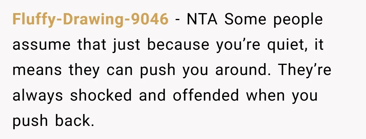 Fluffy-Drawing-9046 − NTA Some people assume that just because you’re quiet, it means they can push you around. They’re always shocked and offended when you push back.