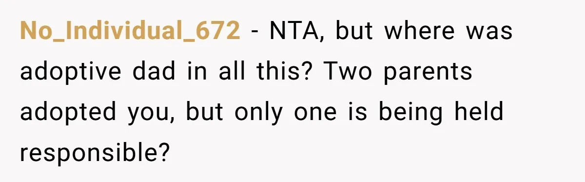 No_Individual_672 − NTA, but where was adoptive dad in all this? Two parents adopted you, but only one is being held responsible?