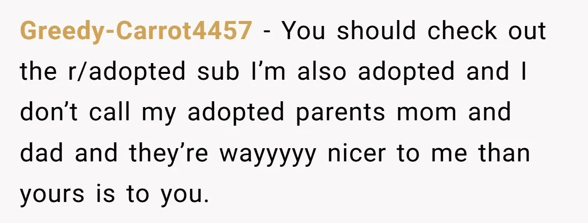 Greedy-Carrot4457 − You should check out the r/adopted sub I’m also adopted and I don’t call my adopted parents mom and dad and they’re wayyyyy nicer to me than yours...