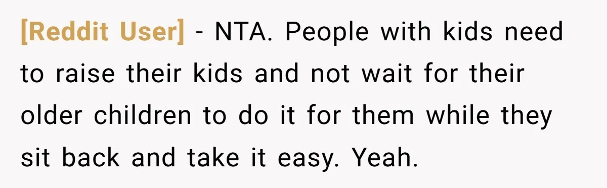 [Reddit User] − NTA. People with kids need to raise their kids and not wait for their older children to do it for them while they sit back and take...