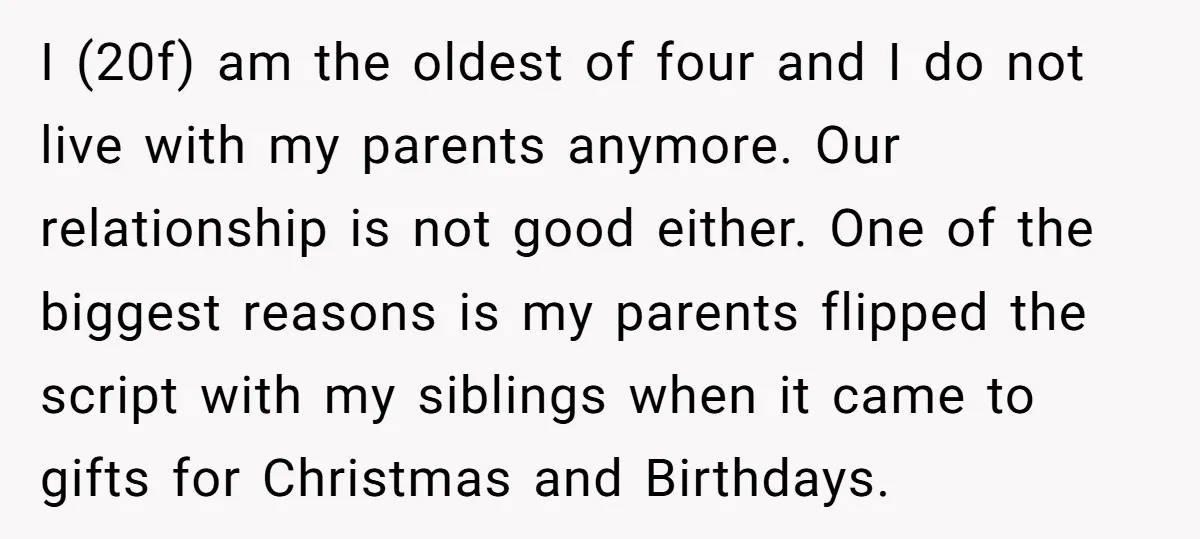 I (20f) am the oldest of four and I do not live with my parents anymore. Our relationship is not good either. One of the biggest reasons is my parents...