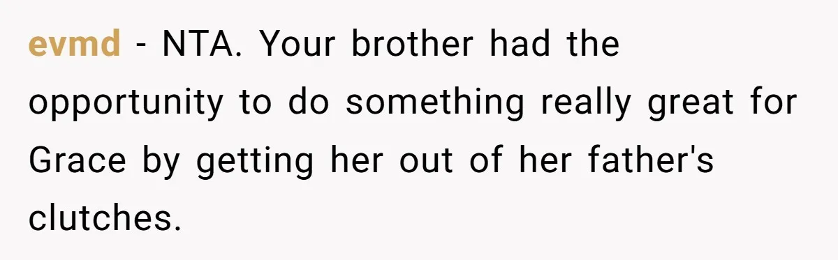 evmd − NTA. Your brother had the opportunity to do something really great for Grace by getting her out of her father's clutches.