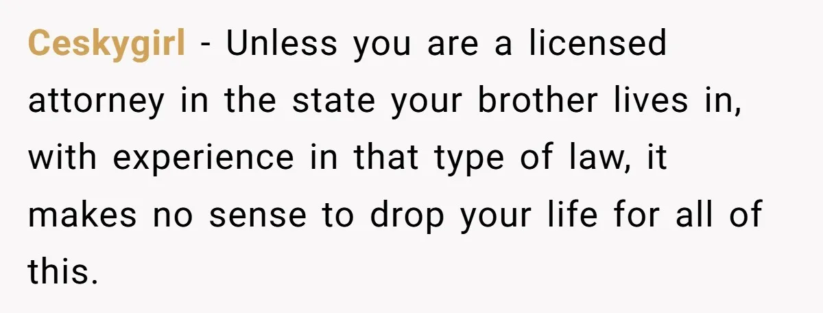 Ceskygirl − Unless you are a licensed attorney in the state your brother lives in, with experience in that type of law, it makes no sense to drop your life...