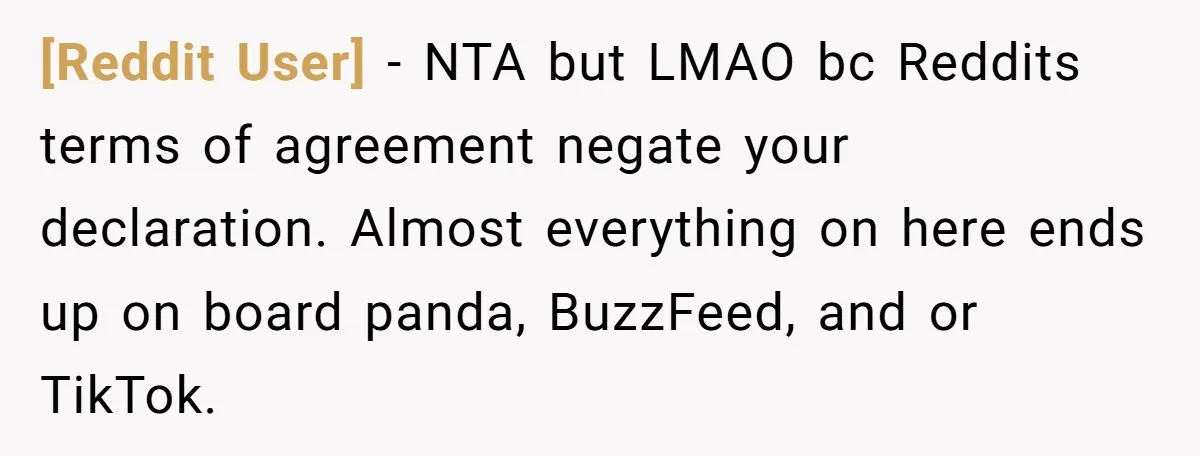 [Reddit User] − NTA but LMAO bc Reddits terms of agreement negate your declaration. Almost everything on here ends up on board panda, BuzzFeed, and or TikTok.