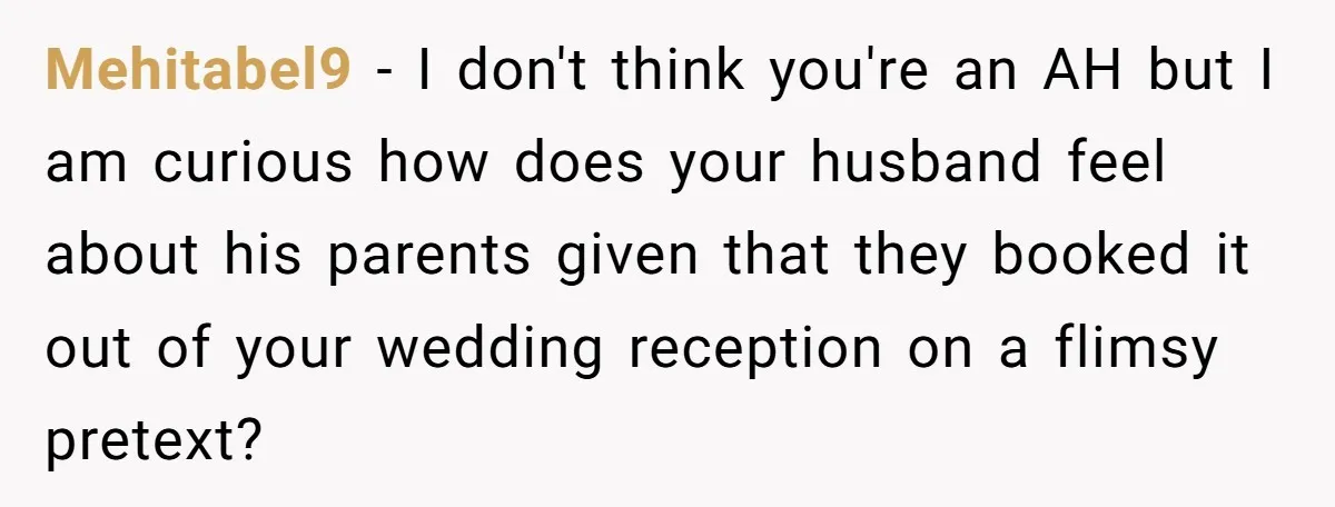 Mehitabel9 − I don't think you're an AH but I am curious how does your husband feel about his parents given that they booked it out of your wedding reception...