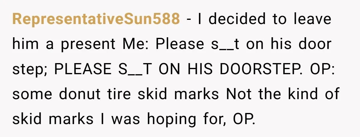 RepresentativeSun588 − I decided to leave him a present Me: Please s__t on his door step; PLEASE S__T ON HIS DOORSTEP. OP: some donut tire skid marks Not the kind...