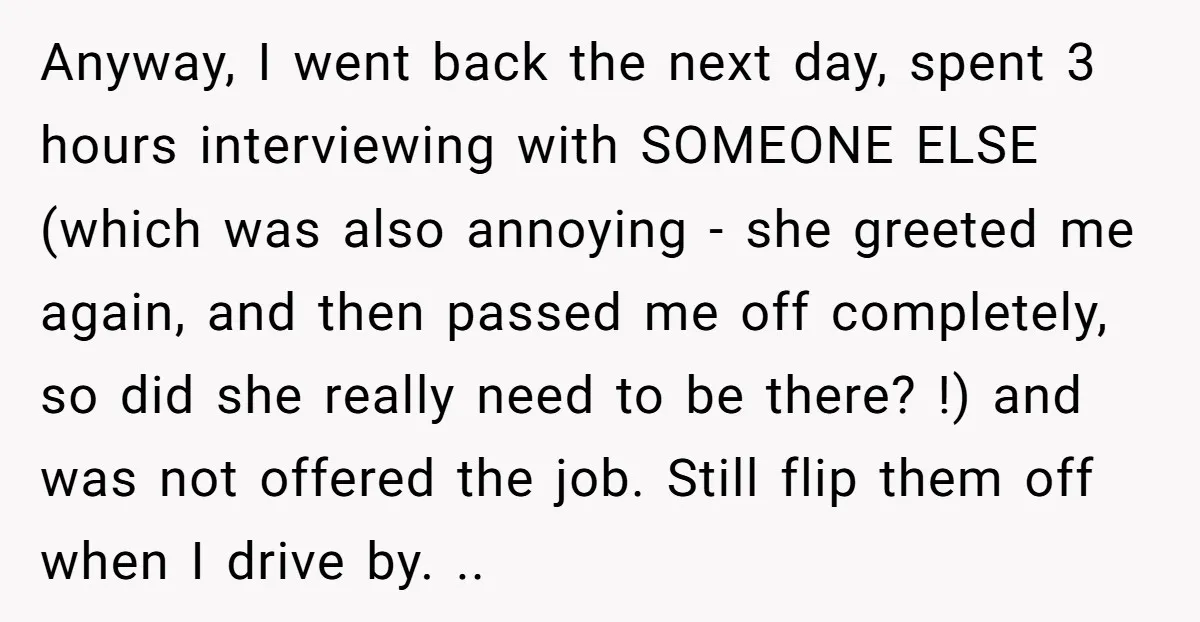 Anyway, I went back the next day, spent 3 hours interviewing with SOMEONE ELSE (which was also annoying - she greeted me again, and then passed me off completely, so...