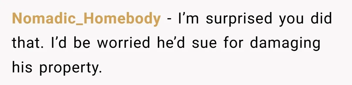 Nomadic_Homebody − I’m surprised you did that. I’d be worried he’d sue for damaging his property.