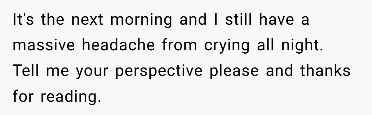 It's the next morning and I still have a massive headache from crying all night. Tell me your perspective please and thanks for reading.
