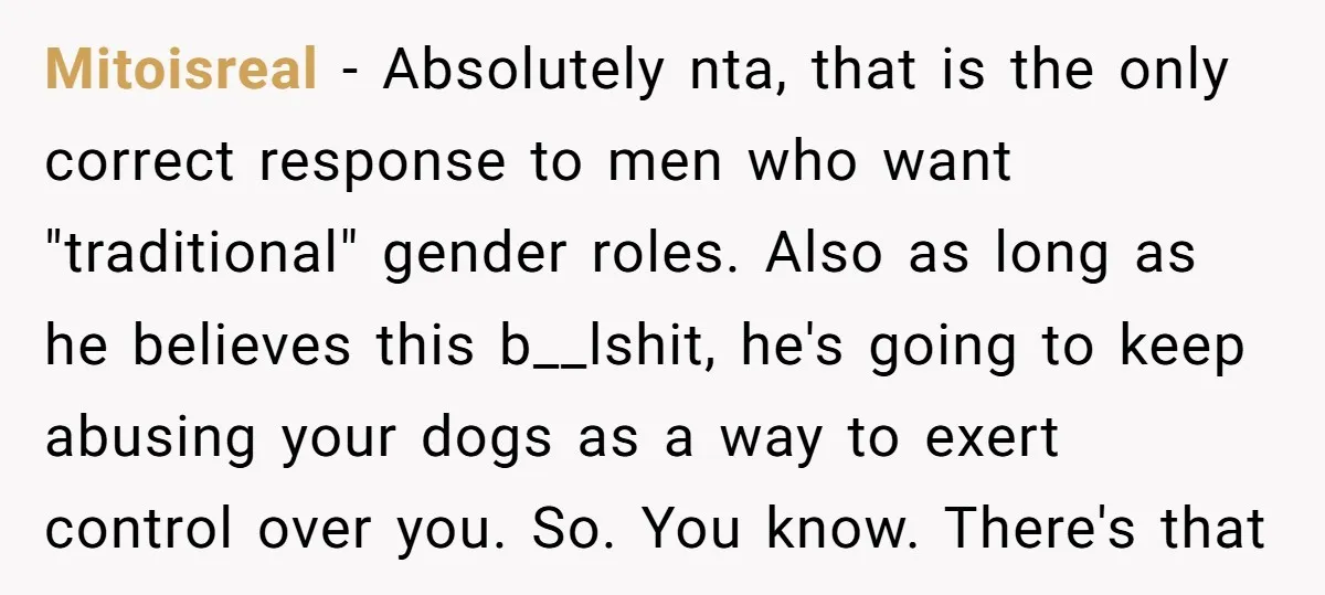 Mitoisreal − Absolutely nta, that is the only correct response to men who want "traditional" gender roles. Also as long as he believes this b__lshit, he's going to keep abusing...