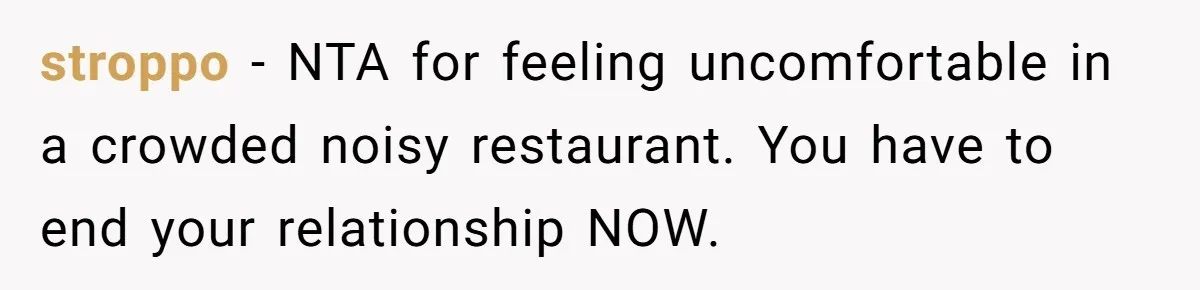 stroppo − NTA for feeling uncomfortable in a crowded noisy restaurant. You have to end your relationship NOW.
