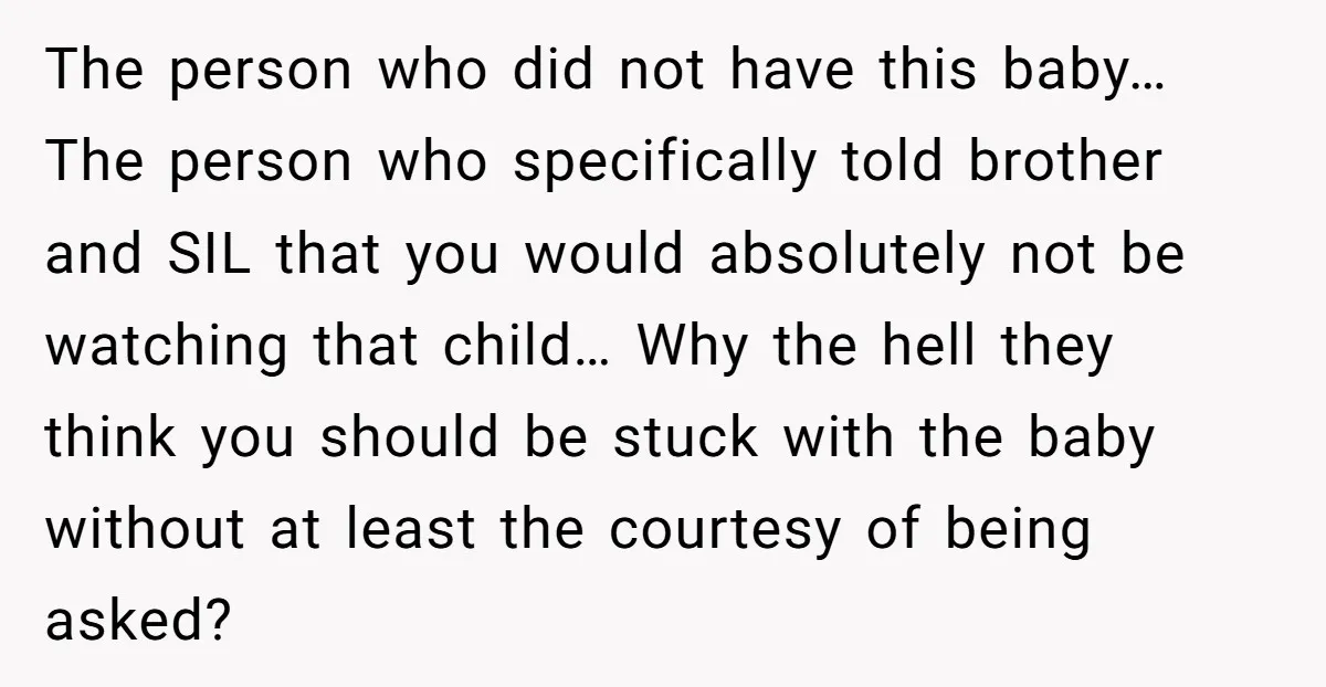 The person who did not have this baby… The person who specifically told brother and SIL that you would absolutely not be watching that child… Why the hell they think...