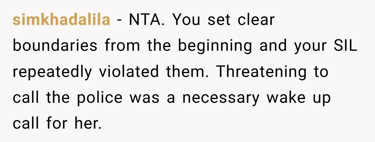 simkhadalila − NTA. You set clear boundaries from the beginning and your SIL repeatedly violated them. Threatening to call the police was a necessary wake up call for her.