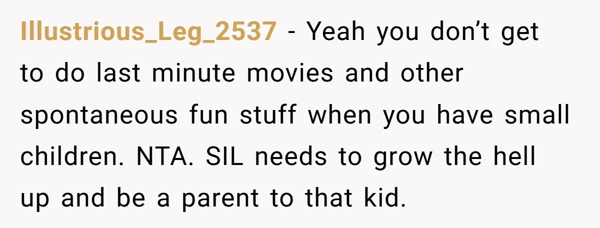 Illustrious_Leg_2537 − Yeah you don’t get to do last minute movies and other spontaneous fun stuff when you have small children. NTA. SIL needs to grow the hell up and...