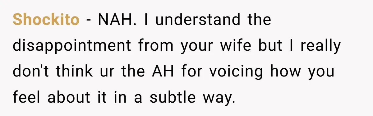 Shockito − NAH. I understand the disappointment from your wife but I really don't think ur the AH for voicing how you feel about it in a subtle way.