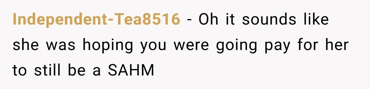 Independent-Tea8516 − Oh it sounds like she was hoping you were going pay for her to still be a SAHM