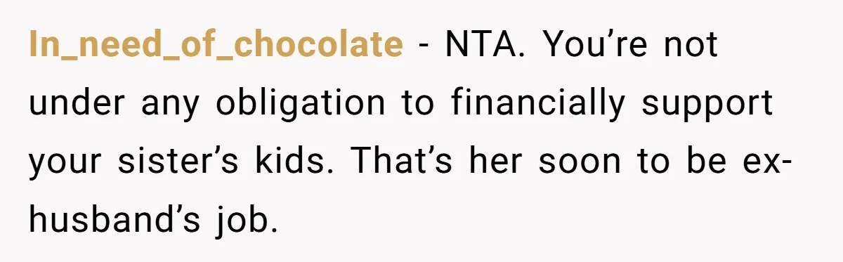In_need_of_chocolate − NTA. You’re not under any obligation to financially support your sister’s kids. That’s her soon to be ex-husband’s job.