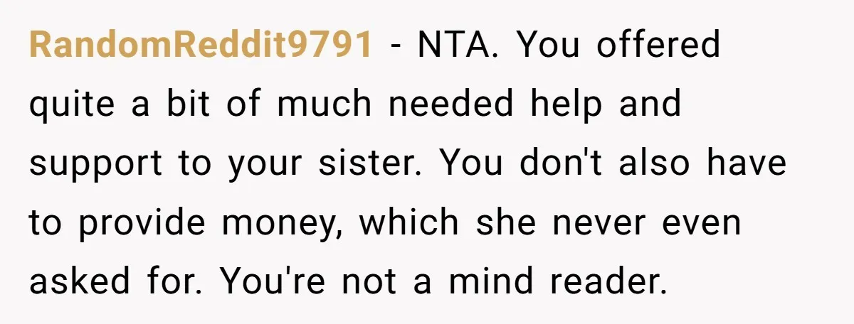 RandomReddit9791 − NTA. You offered quite a bit of much needed help and support to your sister. You don't also have to provide money, which she never even asked for....