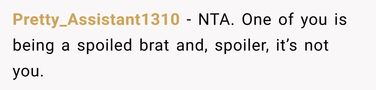 Pretty_Assistant1310 − NTA. One of you is being a spoiled brat and, spoiler, it’s not you.