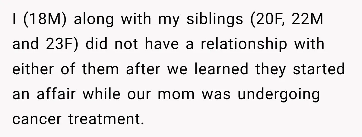 I (18M) along with my siblings (20F, 22M and 23F) did not have a relationship with either of them after we learned they started an affair while our mom was...