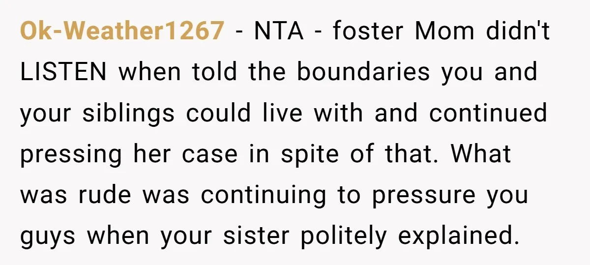 Ok-Weather1267 − NTA - foster Mom didn't LISTEN when told the boundaries you and your siblings could live with and continued pressing her case in spite of that. What was...