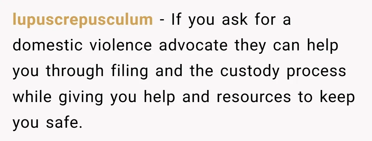 lupuscrepusculum − If you ask for a domestic violence advocate they can help you through filing and the custody process while giving you help and resources to keep you safe.
