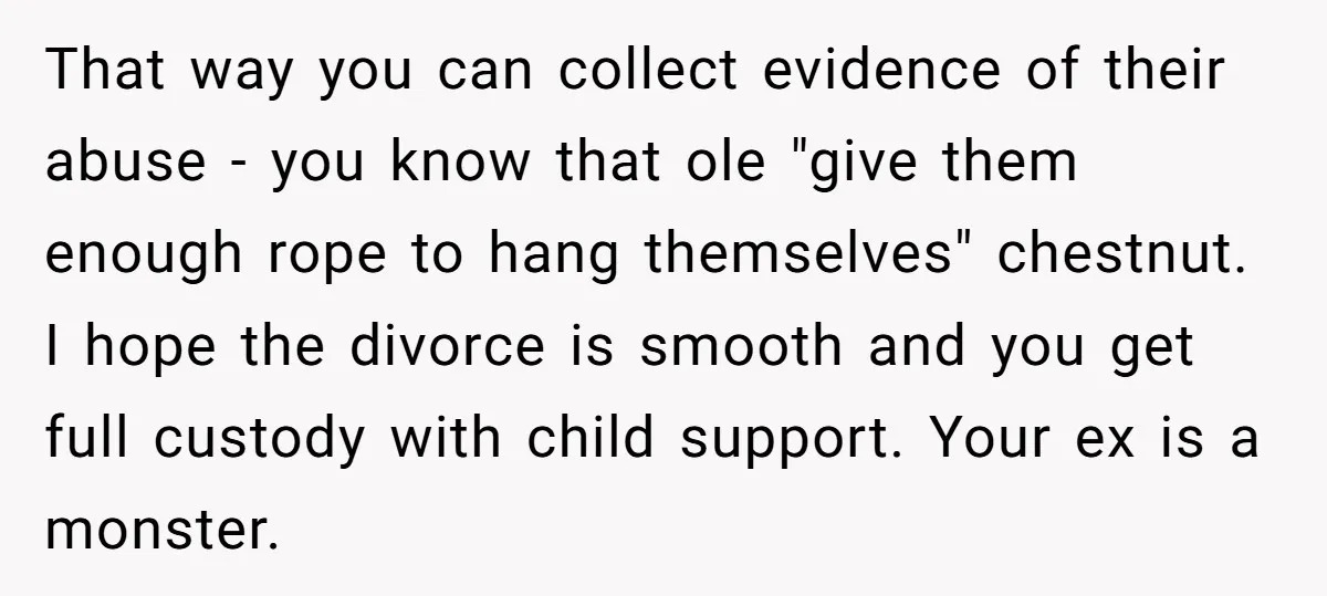 That way you can collect evidence of their abuse - you know that ole "give them enough rope to hang themselves" chestnut. I hope the divorce is smooth and you...