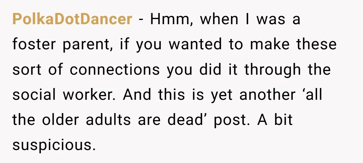 PolkaDotDancer − Hmm, when I was a foster parent, if you wanted to make these sort of connections you did it through the social worker. And this is yet another...