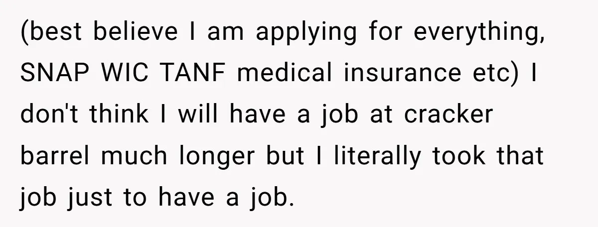(best believe I am applying for everything, SNAP WIC TANF medical insurance etc) I don't think I will have a job at cracker barrel much longer but I literally took...
