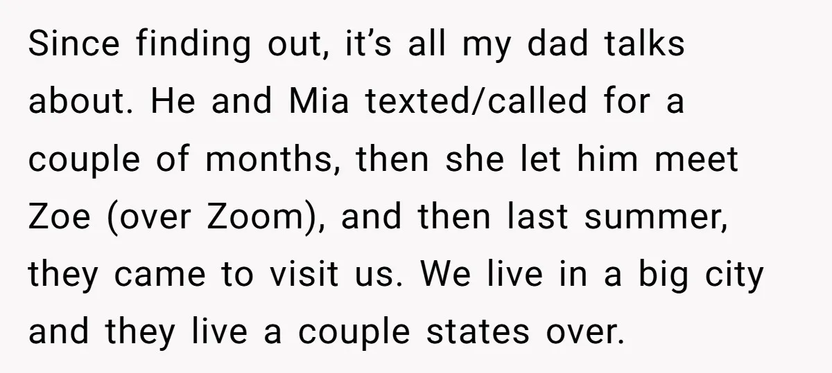 Since finding out, it’s all my dad talks about. He and Mia texted/called for a couple of months, then she let him meet Zoe (over Zoom), and then last summer,...