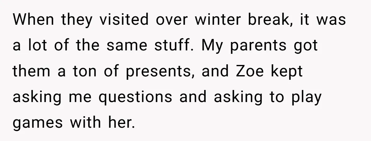 When they visited over winter break, it was a lot of the same stuff. My parents got them a ton of presents, and Zoe kept asking me questions and asking...