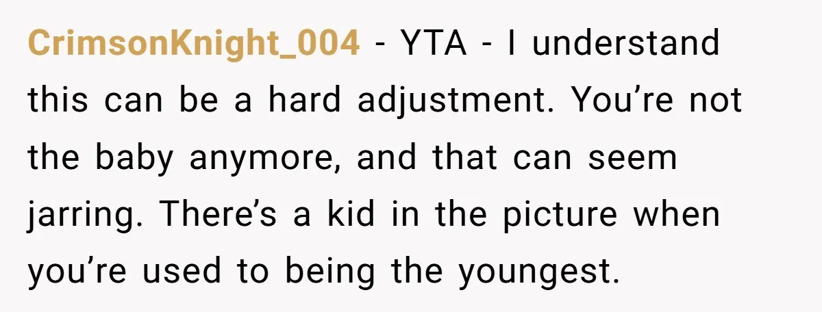 CrimsonKnight_004 − YTA - I understand this can be a hard adjustment. You’re not the baby anymore, and that can seem jarring. There’s a kid in the picture when you’re...