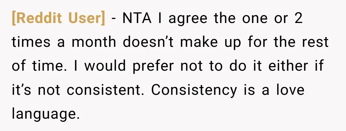 [Reddit User] − NTA I agree the one or 2 times a month doesn’t make up for the rest of time. I would prefer not to do it either if...
