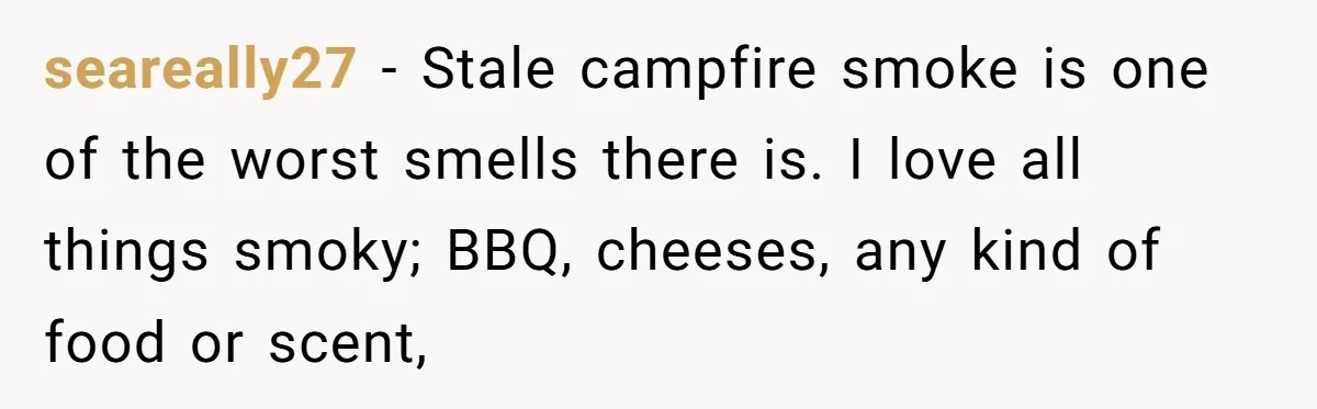 seareally27 − Stale campfire smoke is one of the worst smells there is. I love all things smoky; BBQ, cheeses, any kind of food or scent,